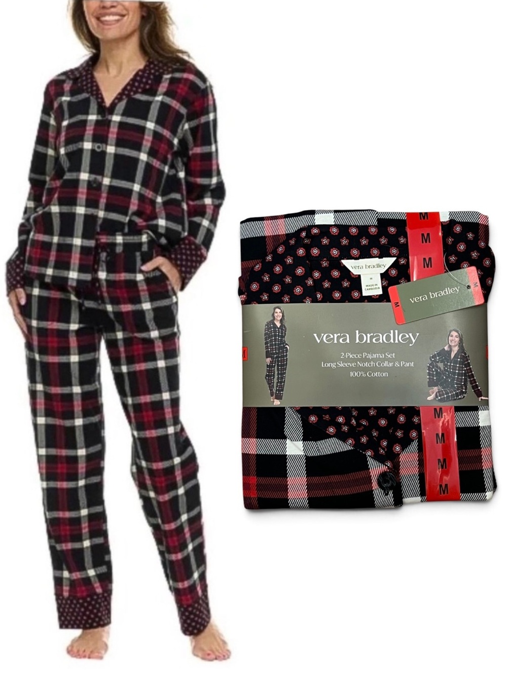 Vera Bradley 2-Piece Plaid and Floral Pajama Set Size Medium